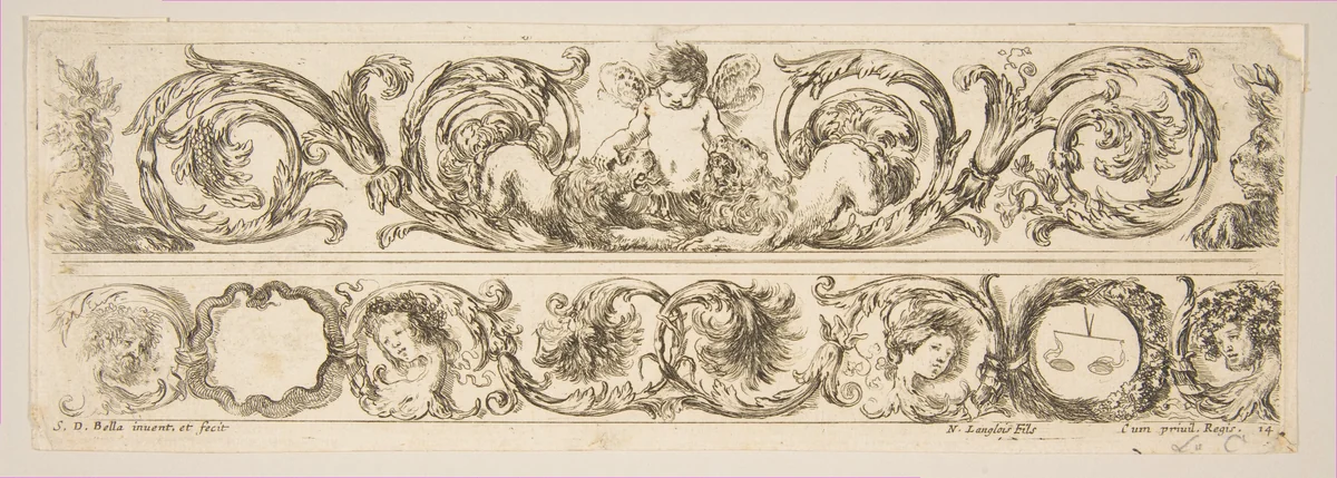 Two Acanthus Friezes: Cupid Subduing Two Lions; Heads of Four Seasons, plate 14 from "Decorative friezes and foliage" (Ornamenti di fregi e fogliami) by Stefano della Bella, print, 1643-1653