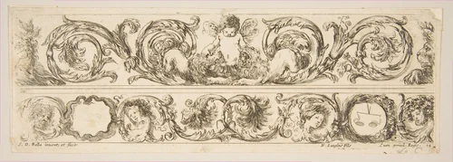 Two Acanthus Friezes: Cupid Subduing Two Lions; Heads of Four Seasons, plate 14 from "Decorative friezes and foliage" (Ornamenti di fregi e fogliami) by Stefano della Bella, print, 1643-1653