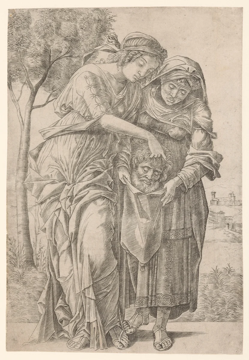 Judith stopt hoofd van Holofernes in zak vastgehouden door dienstmaagd by Girolamo Mocetto, print, 1495-1510