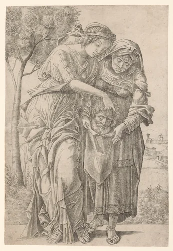 Judith stopt hoofd van Holofernes in zak vastgehouden door dienstmaagd by Girolamo Mocetto, print, 1495-1510