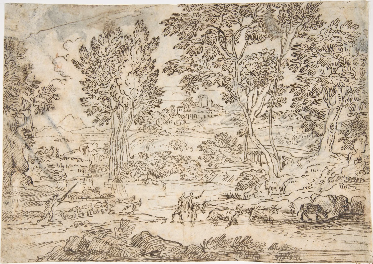 Sunrise (recto); Landscape with Figures (verso) by Claude Lorrain, drawing, 1620-1682