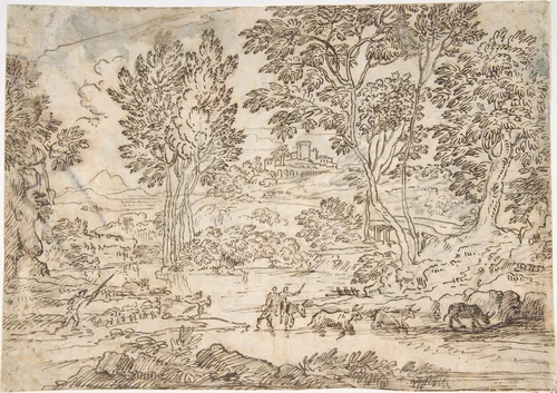 Sunrise (recto); Landscape with Figures (verso) by Claude Lorrain, drawing, 1620-1682