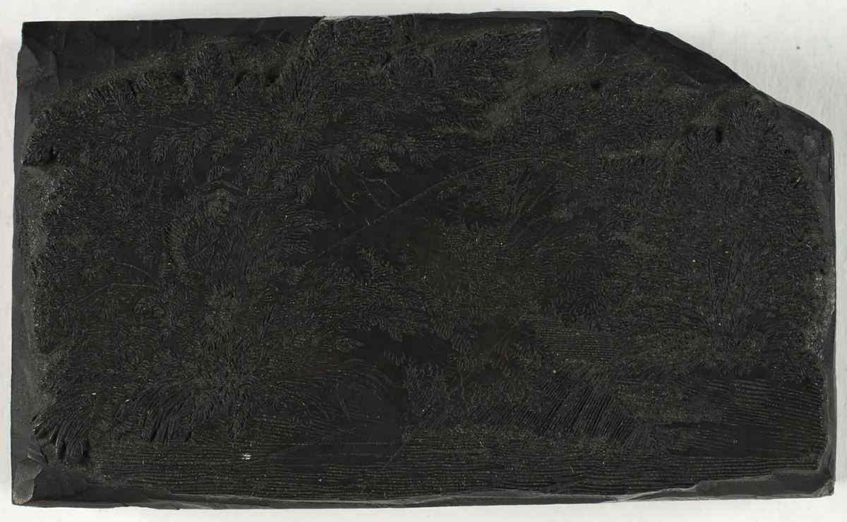 Woodblock for Man Fishing Under a Tree with Waterfall by Thomas Bewick, print, 1773-1828