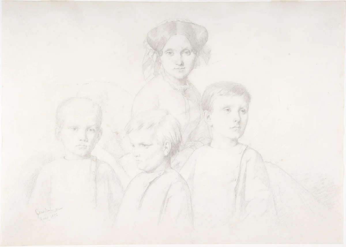 Portrait of Woman and Three Children by Gustave Boulanger, drawing, 1852