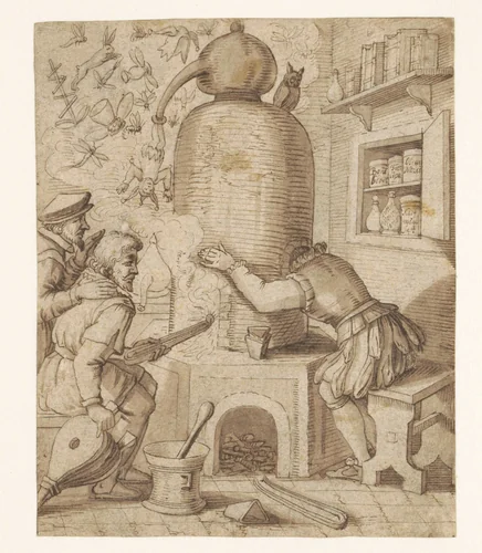 Satire op de alchemie by anonymous, drawing, 1600-1610