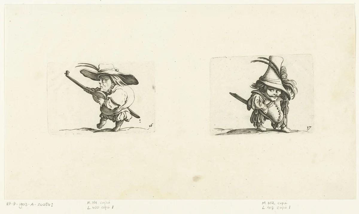 Kleine mens (karikatuur) met luit en zwaard; kleine mens (karikatuur) met zwaard en wandelstok by Abraham Bosse, print, 1621-1676