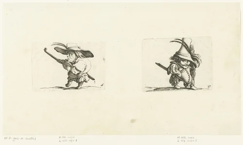 Kleine mens (karikatuur) met luit en zwaard; kleine mens (karikatuur) met zwaard en wandelstok by Abraham Bosse, print, 1621-1676