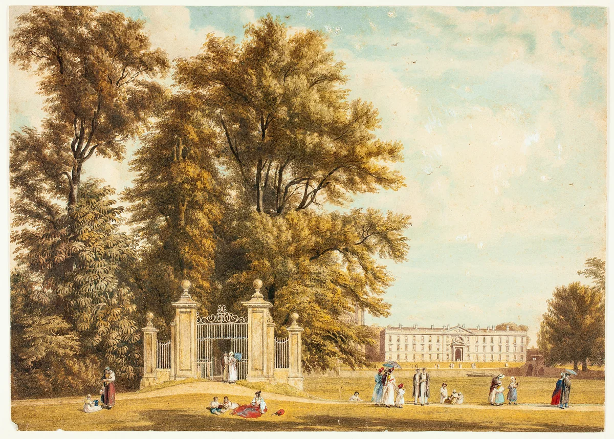 Entrance to the Avenue from Clare Hall Piece, Cambridge by William Westall, painting, 1820-1850