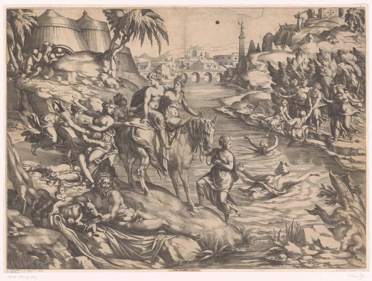 Cloelia ontsnapt uit het kamp van Porsenna by Unknown, print, 1553-1554