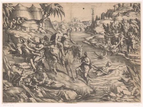 Cloelia ontsnapt uit het kamp van Porsenna by Unknown, print, 1553-1554