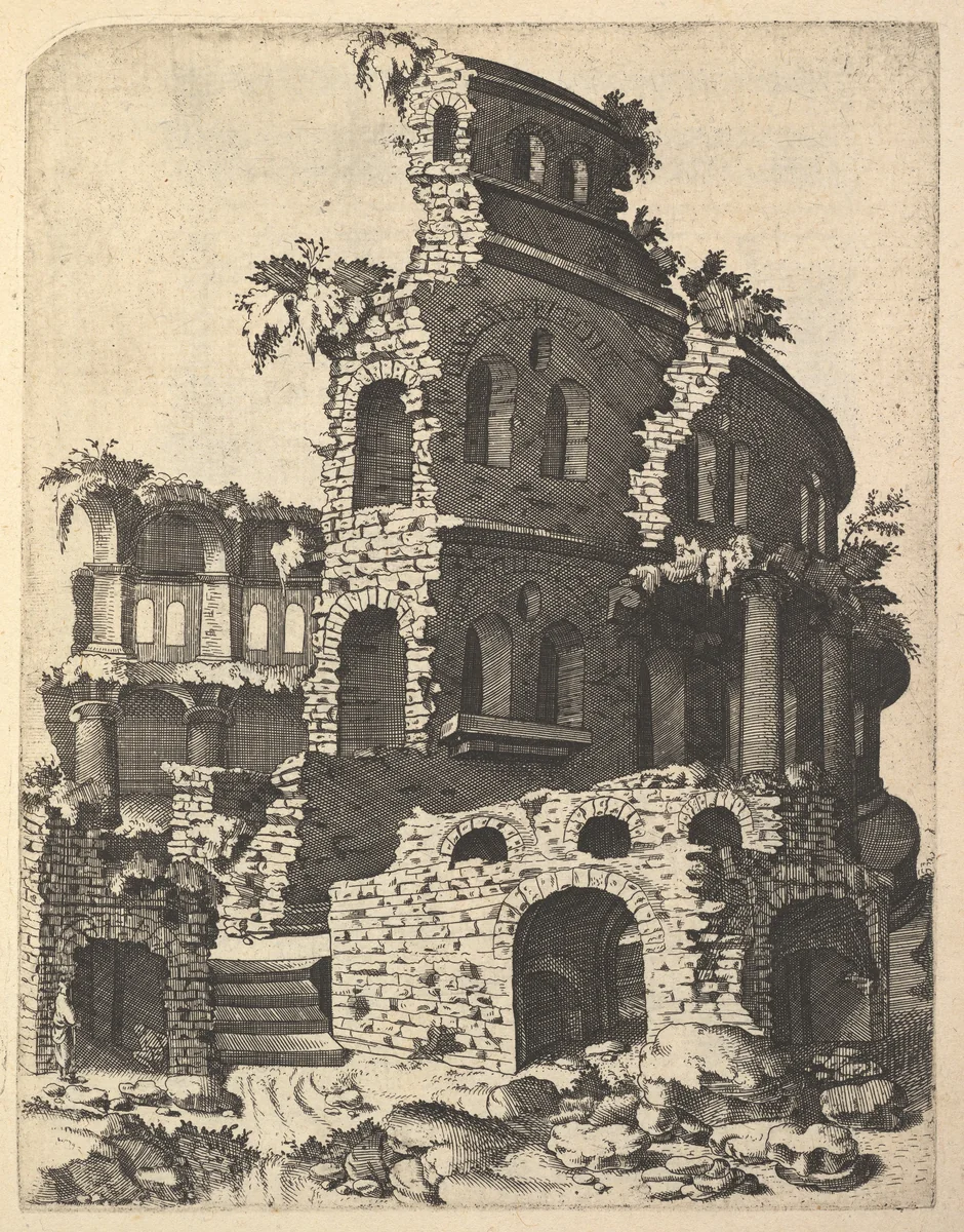 Ruins of a Basilica (?) from the series 'Ruinarum variarum fabricarum delineationes pictoribus caeterisque id genus artificibus multum utiles' by Lambert Suavius, book, 1554