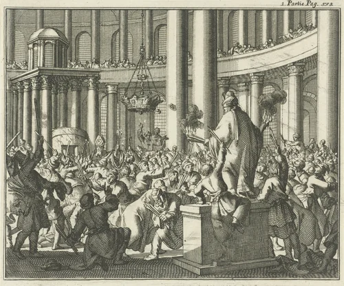Uitdelen van het heilig vuur tijdens het paasfeest in de Heilig-Grafkerk te Jeruzalem by Jan Luyken, print, 1689