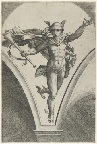 Mercury descending from the sky a trumpet in his right hand, after Raphael's fresco in the Chigi Gallery of the Villa Farnesina in Rome by Marcantonio Raimondi, print, 1517-1520