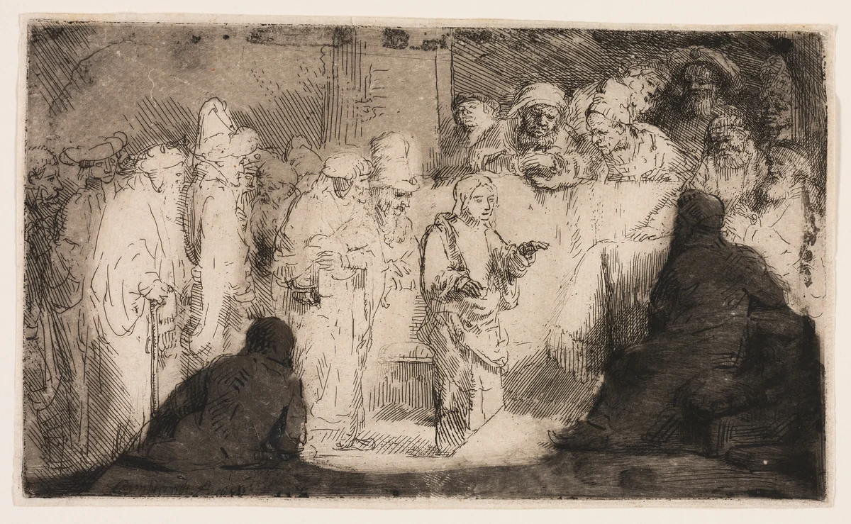Christ Disputing with the Doctors: A Sketch by Rembrandt van Rijn, print, 1652