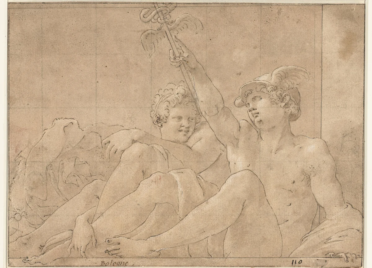 Mercurius en Io op de grond gezeten by Francesco Primaticcio, drawing, 1541-1547