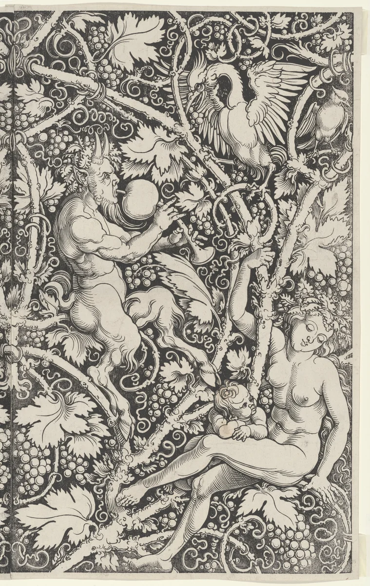 Wallpaper with Satyr Family by Sebald Beham, print, 1515