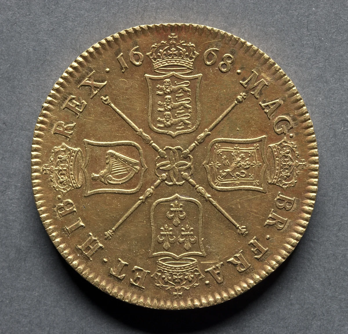 Five Guineas: Crowned Shields of Arms from England, Scotland, France, and Ireland (reverse) by John Roettier, metalwork, 1668