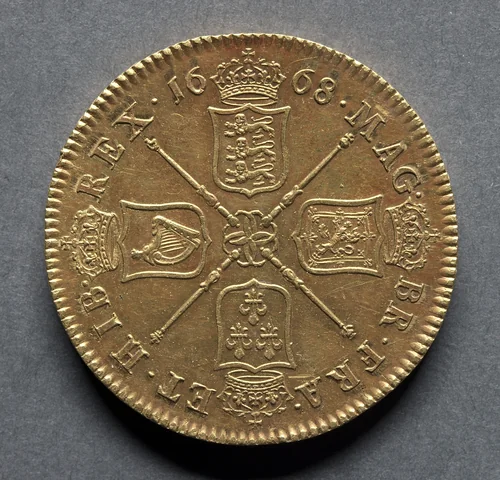 Five Guineas: Crowned Shields of Arms from England, Scotland, France, and Ireland (reverse) by John Roettier, metalwork, 1668