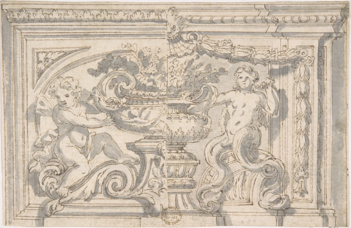 Alternate Panel Designs with Urn and Putto by anonymous, drawing, 1600-1700