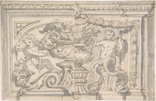 Alternate Panel Designs with Urn and Putto by anonymous, drawing, 1600-1700