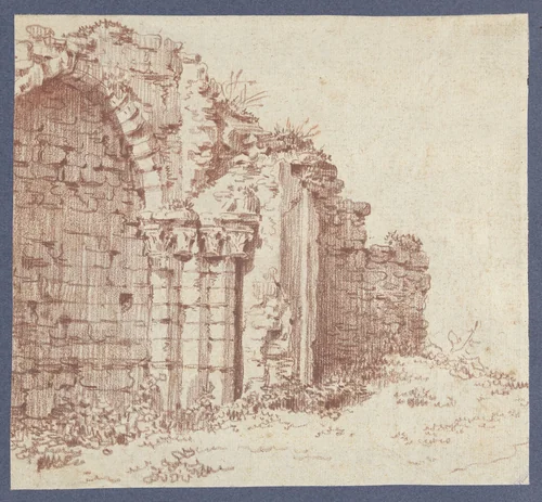 Dichtgemetseld Gothisch portaal by Hubert Robert, drawing, 1754-1808