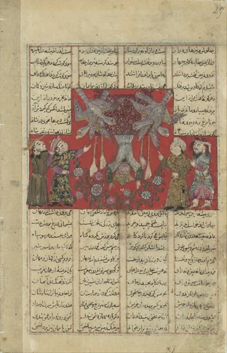 "Kai Kavus Falls from the Sky", Folio from a Shahnama (Book of Kings) of Firdausi by Abu'l Qasim Firdausi, manuscript, 1305-1365
