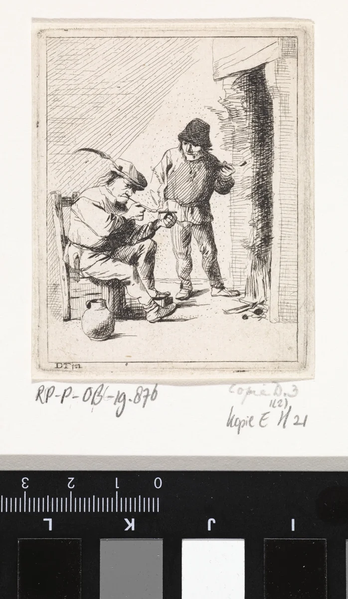 Twee boeren bij de haard by anonymous, print, 1626-1740