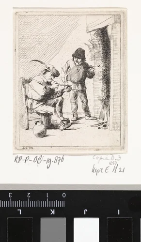 Twee boeren bij de haard by anonymous, print, 1626-1740