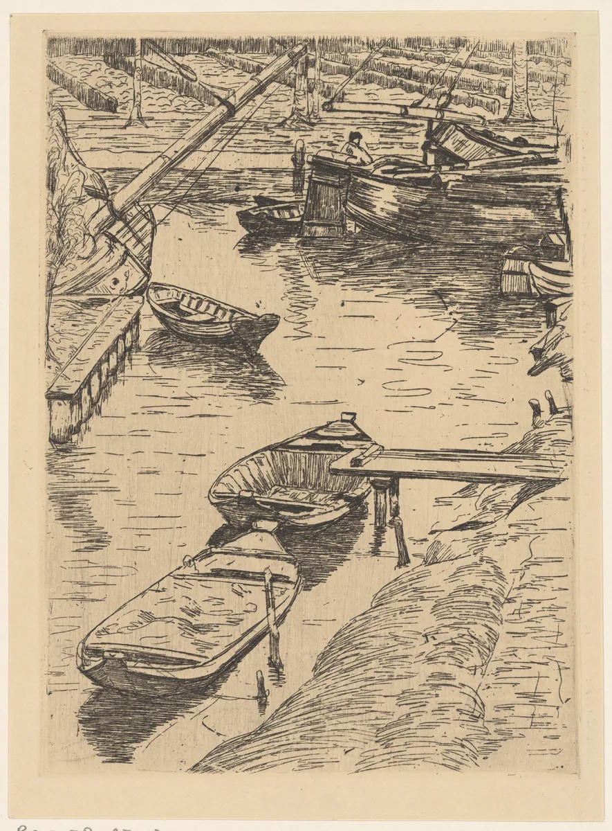 Haven met kranen en aangemeerde boten by Maurits van der Valk, print, 1893