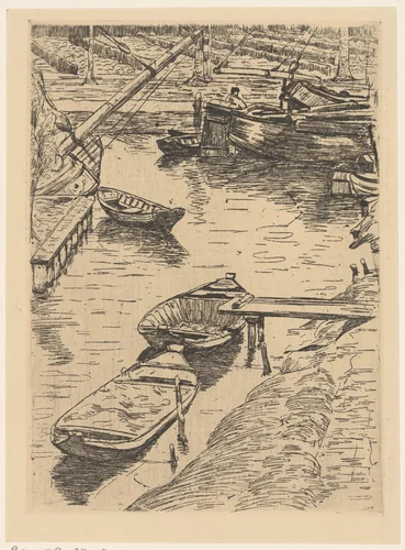 Haven met kranen en aangemeerde boten by Maurits van der Valk, print, 1893
