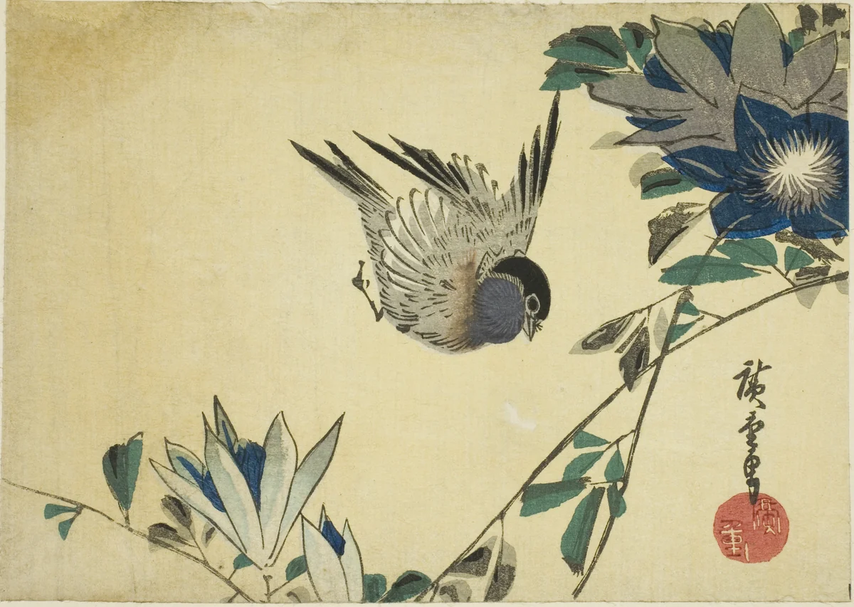 Bullfinch and clematis by Utagawa Hiroshige (歌川広重), print, 1830-1839
