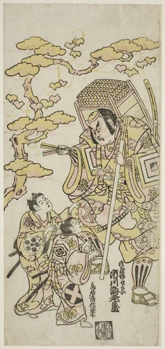 The Actors Ichikawa Ebizo II as Musashibo Benkei, Sakata Shintaro (?) as Soga no Goro, and Takigawa Kinya (?) as Soga no Juro in the play "Sazareishi Suehiro Genji," performed at the Nakamura Theater in the first month, 1744 by Torii Kiyonobu II, print, 1744