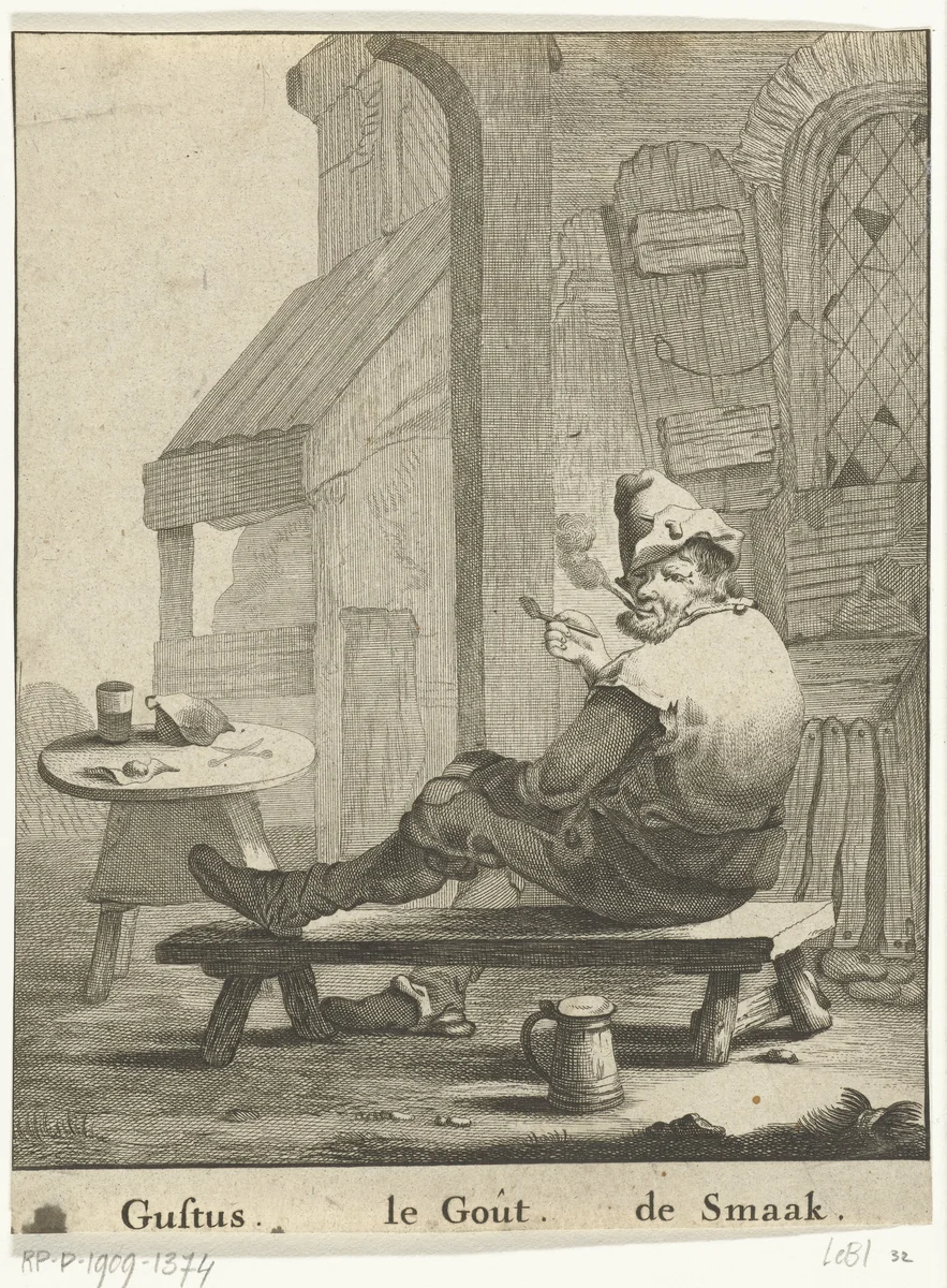 De Smaak: pijprokende man by Abraham de Blois, print, 1679-1717