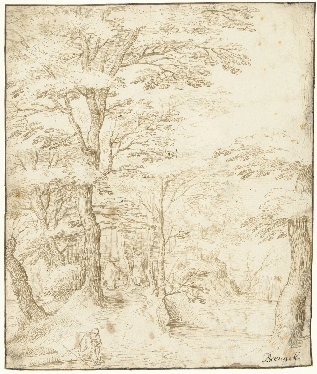 Pad door het bos met drie figuren by anonymous, drawing, 1535