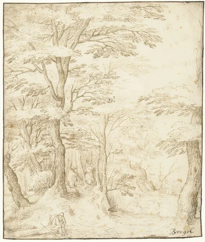 Pad door het bos met drie figuren by anonymous, drawing, 1535