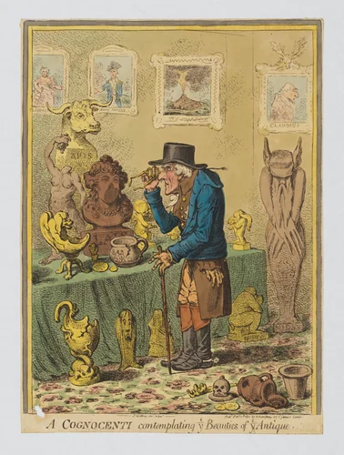 A Cognocenti Contemplating ye Beauties of ye Antique by James Gillray, print, 1801