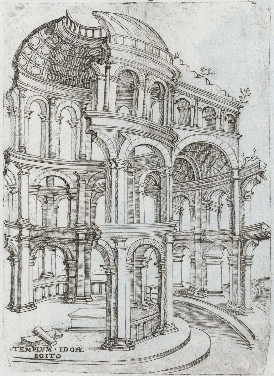 Templum Isaiae Prophetae, from a Series of Prints depicting (reconstructed) Buildings from Roman Antiquity by Monogrammist G.A. with the Caltrop, book, 1530-1550
