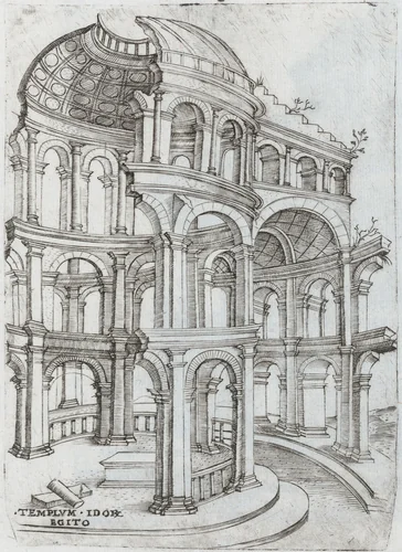 Templum Isaiae Prophetae, from a Series of Prints depicting (reconstructed) Buildings from Roman Antiquity by Monogrammist G.A. with the Caltrop, book, 1530-1550