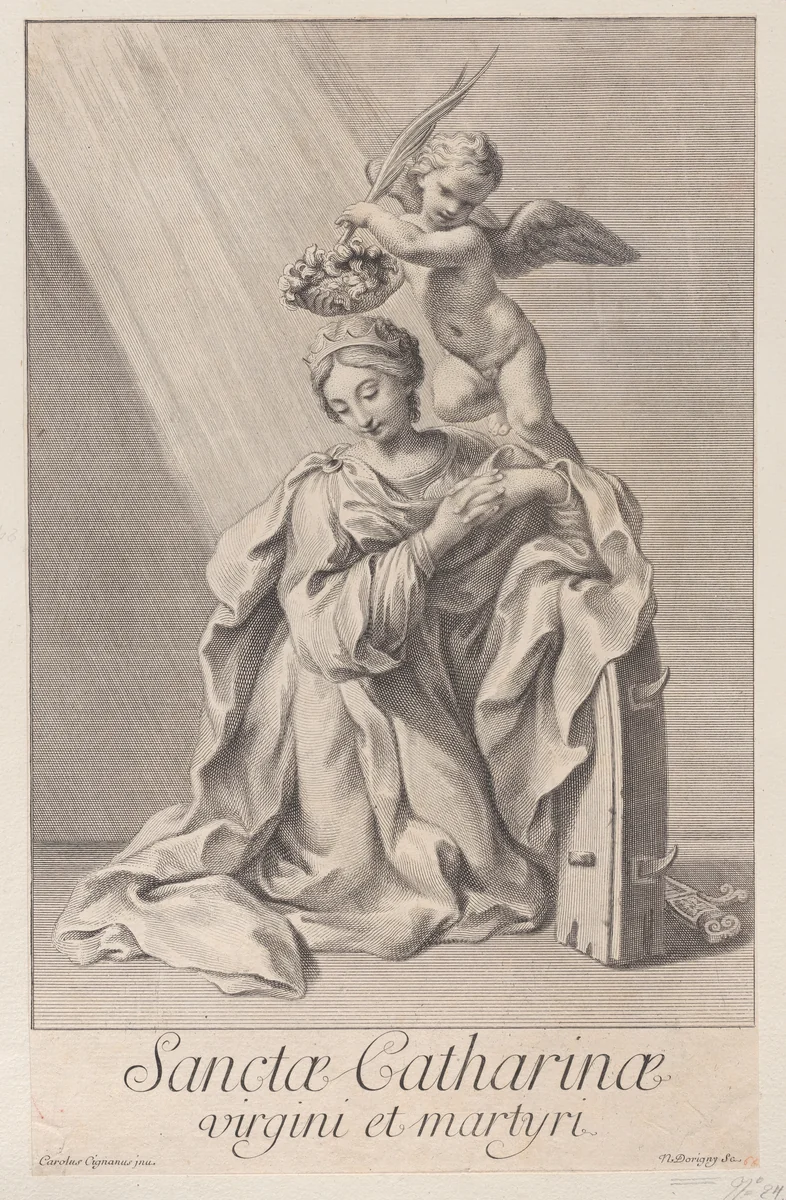 Saint Catherine of Alexandria, kneeling with her elbow resting on the spiked wheel, and an angel crowning her with a flower wreath by Nicolas Dorigny, print, 1698