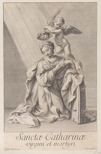 Saint Catherine of Alexandria, kneeling with her elbow resting on the spiked wheel, and an angel crowning her with a flower wreath by Nicolas Dorigny, print, 1698