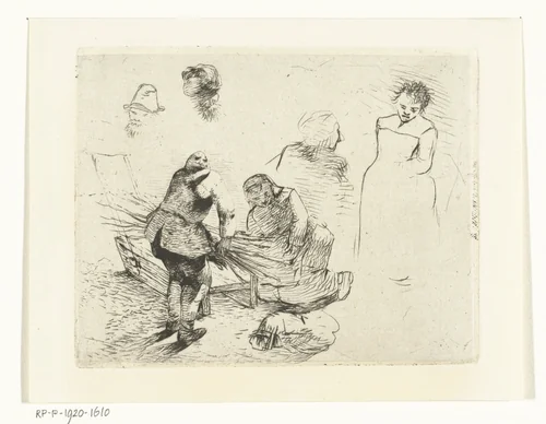 Studieblad met man met takkebos en knielende vrouw bij ijsslee by Albertus Brondgeest, print, 1796-1849
