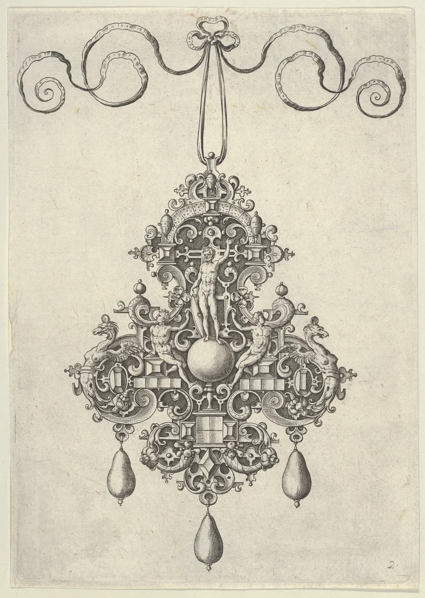 Pendant Design with a Male Diety with a Shield Flanked by Two Reclining Men by Jan Collaert, print, 1581-1636