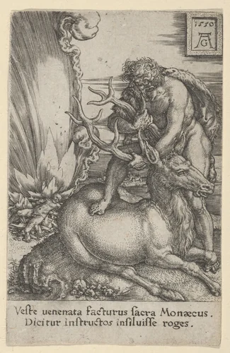 Hercules and the Hind, from The Labors of Hercules by Heinrich Aldegrever, print, 1550