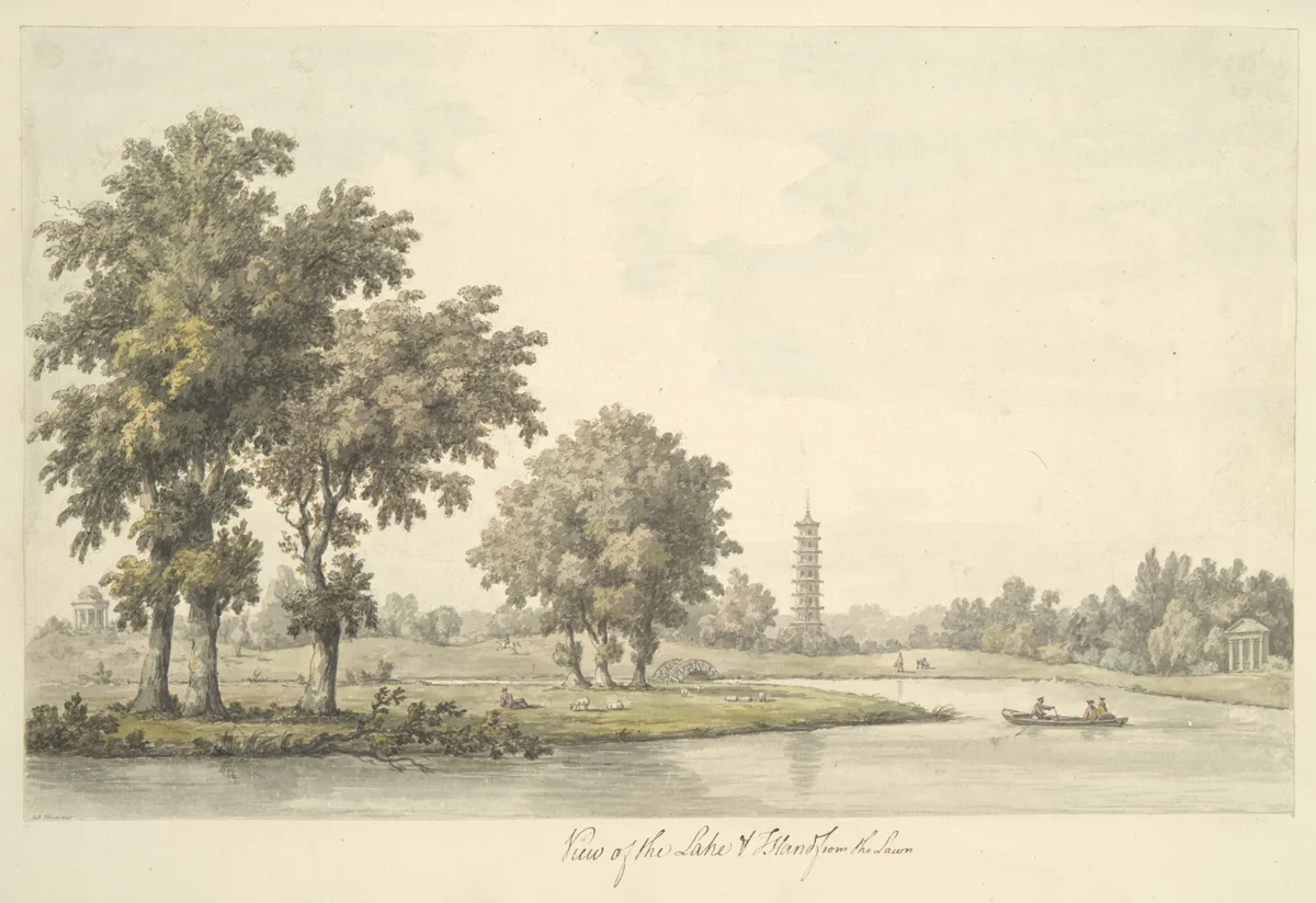View of the Lake and the Island from the Lawn at Kew by William Marlow, drawing, 1763