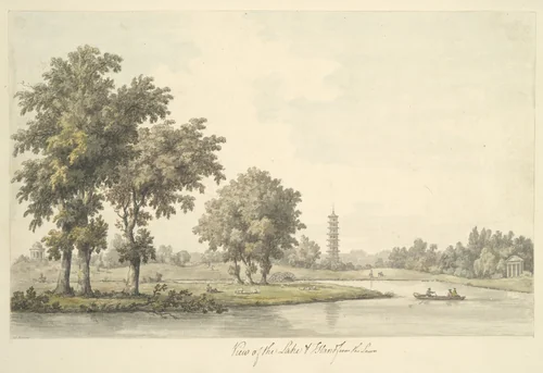 View of the Lake and the Island from the Lawn at Kew by William Marlow, drawing, 1763