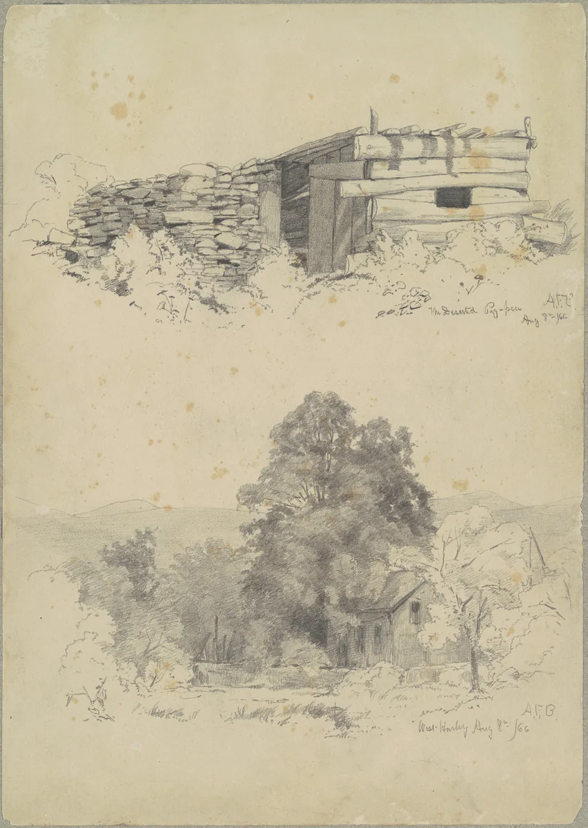 The Deserted Pigpen; and West Hurley by Andrew Fisher Bunner, drawing, 1866
