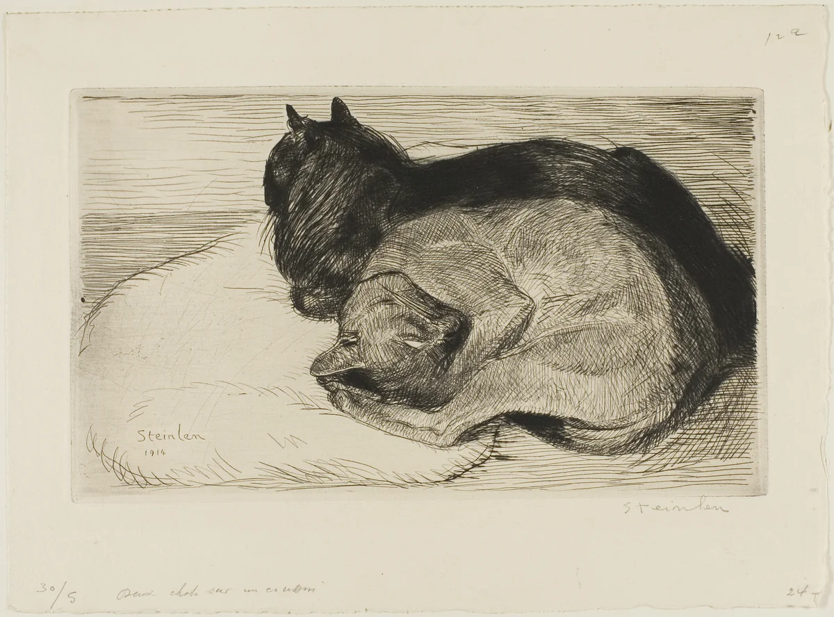 Two Cats on a Cushion by Théophile Alexandre Steinlen, print, 1914