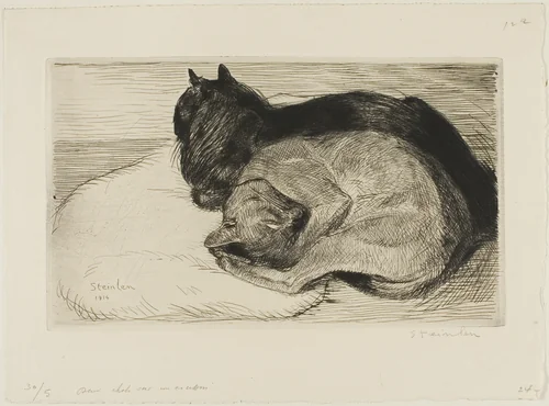 Two Cats on a Cushion by Théophile Alexandre Steinlen, print, 1914
