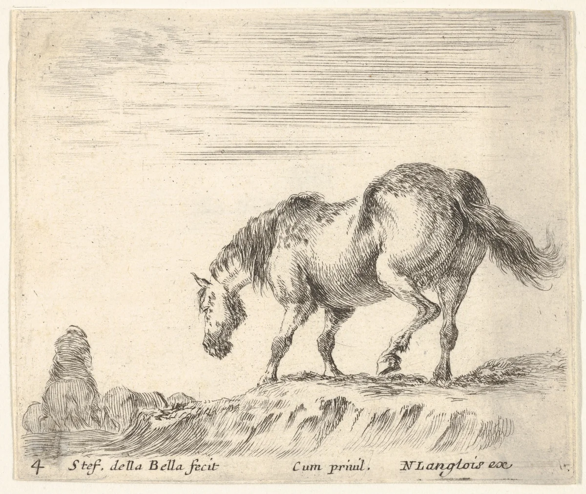 Plate 4: a horse in profile facing the left, about to descend from a mound, a horseman to left in background, from "Diversi Capricci" by Stefano della Bella, print, 1644-1647