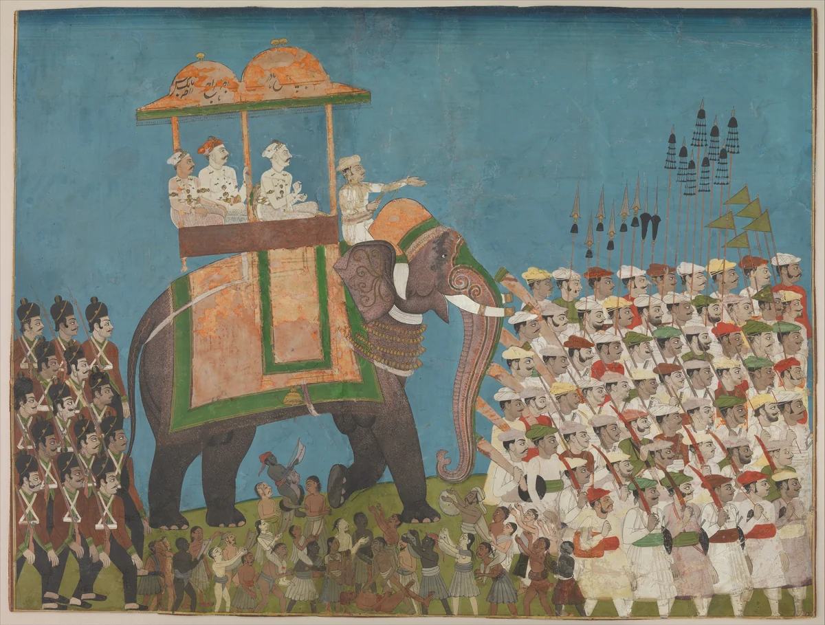 Three Noblemen in Procession on an Elephant by Venkatchellum, manuscript, 1765-1815